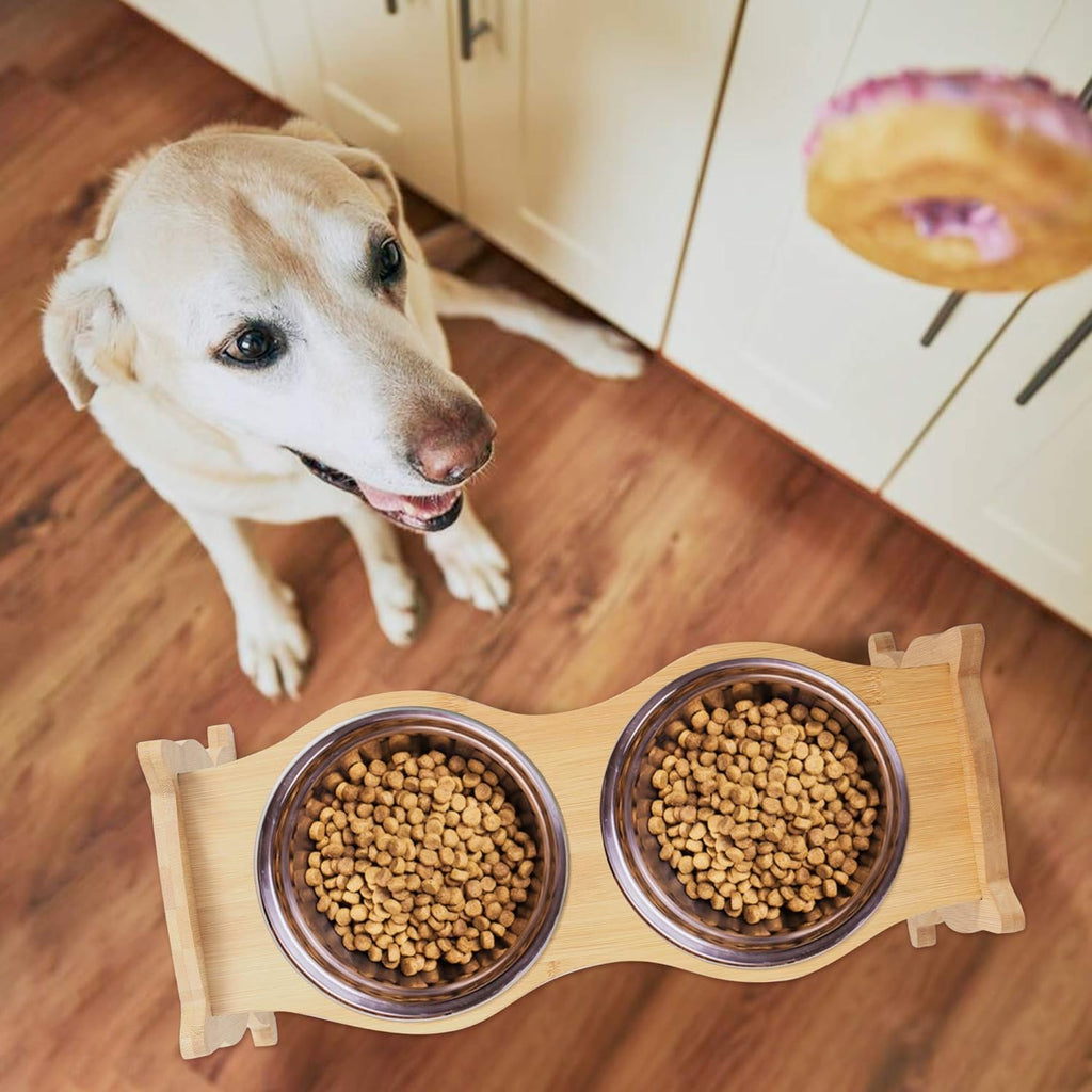 Elevated Dog Bowls, Adjustable Raised Pet Bowls for Dog Cat Food and Water, Bamboo Pet Dish Stand with 2 Stainless Steel Bowls, Medium