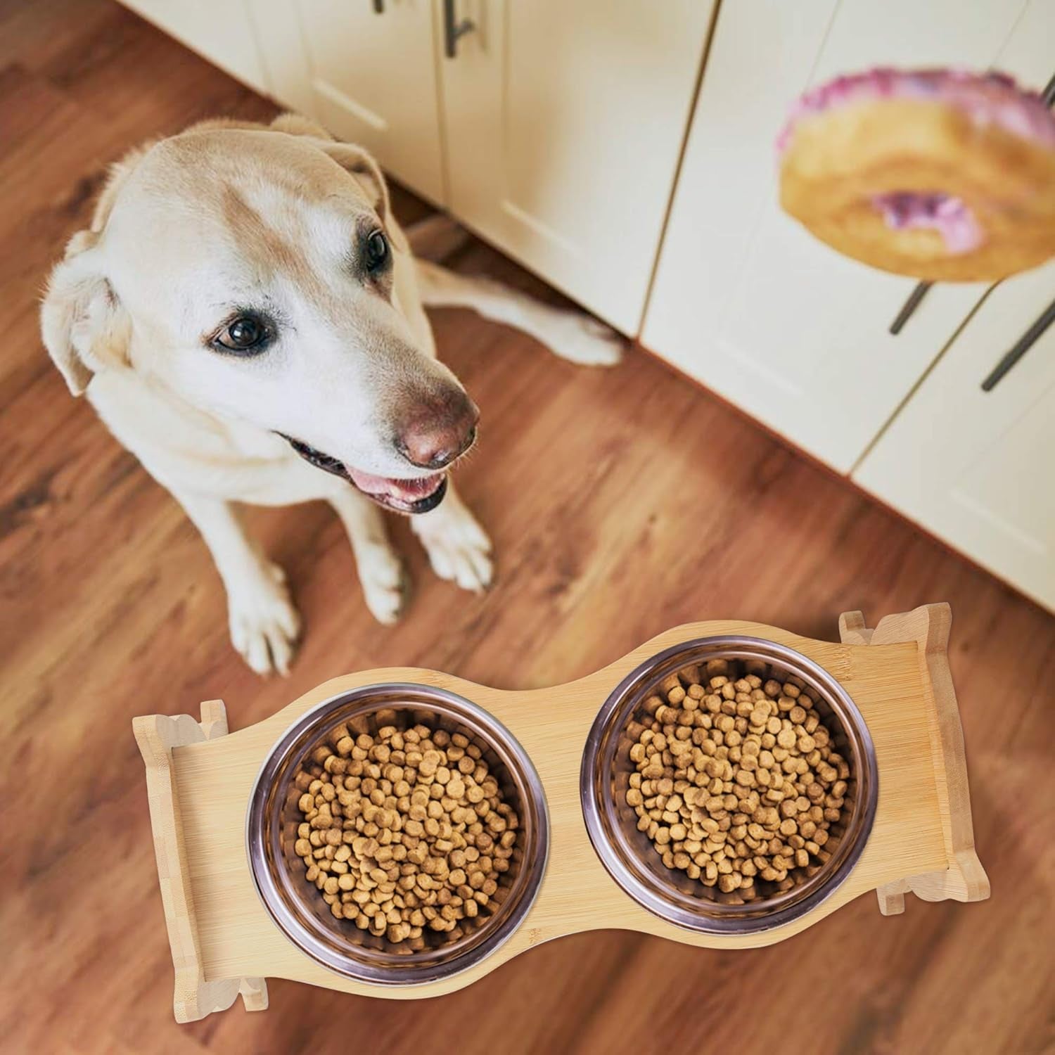 Elevated Dog Bowls, Adjustable Raised Pet Bowls for Dog Cat Food and Water, Bamboo Pet Dish Stand with 2 Stainless Steel Bowls, Medium