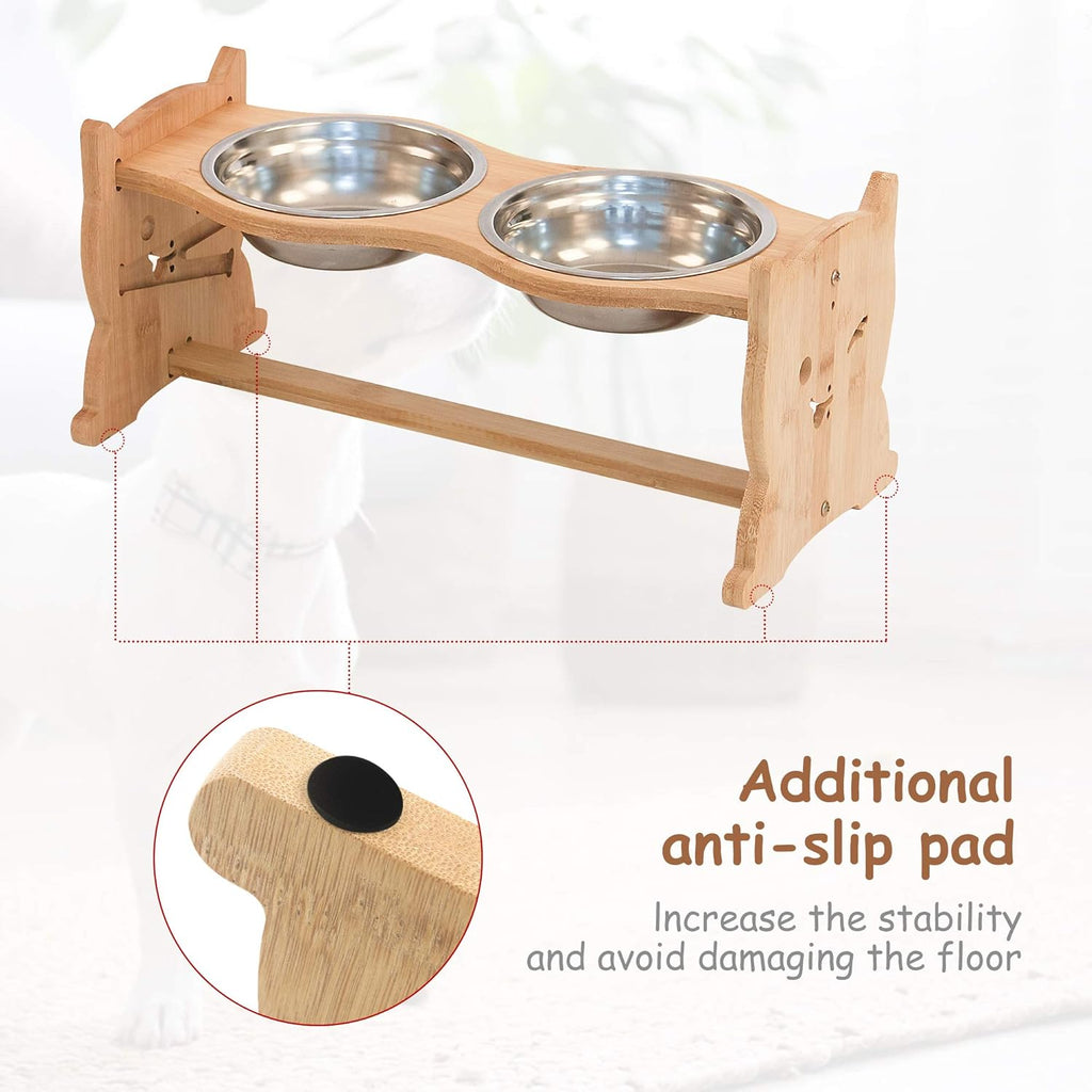 Elevated Dog Bowls, Adjustable Raised Pet Bowls for Dog Cat Food and Water, Bamboo Pet Dish Stand with 2 Stainless Steel Bowls, Medium