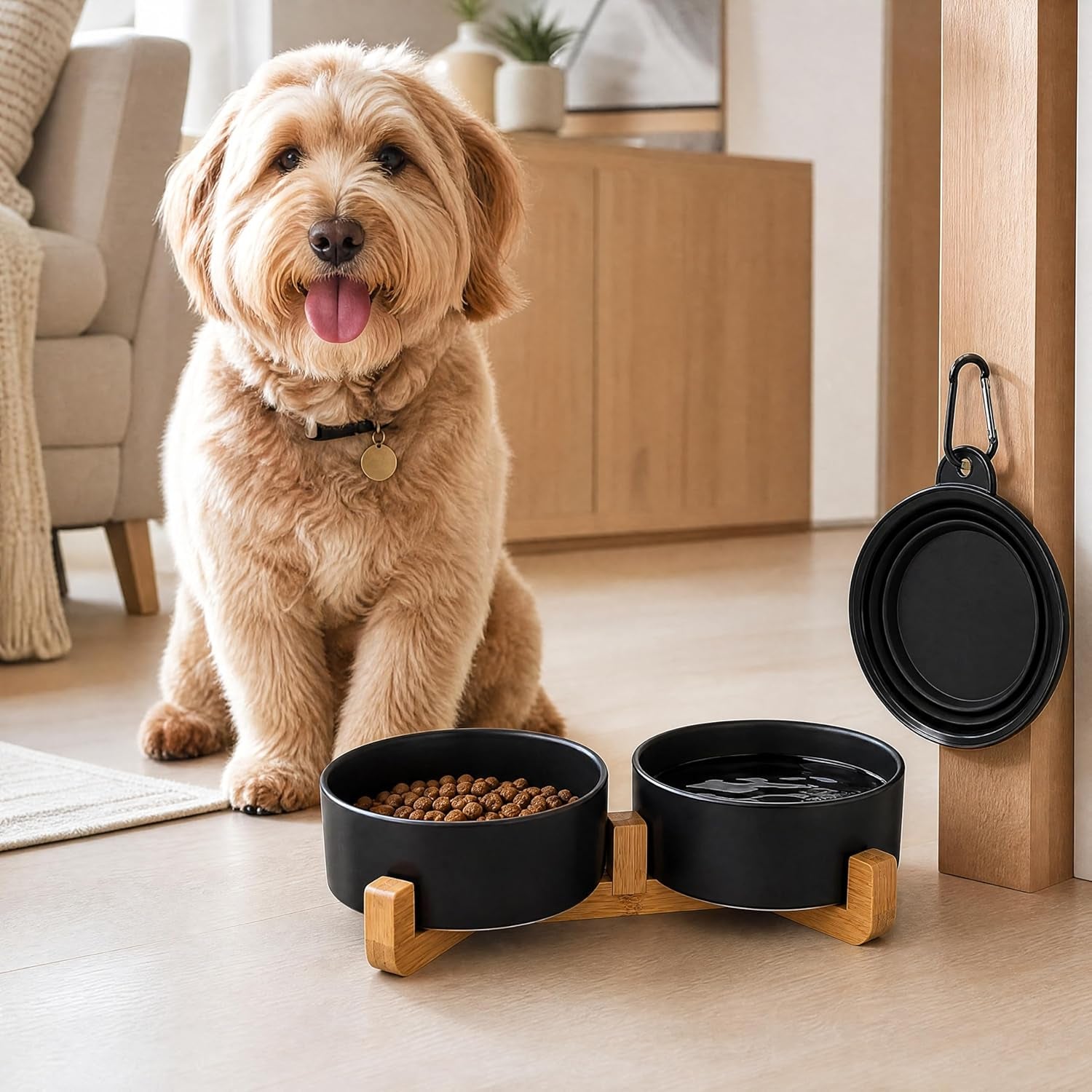 Ceramic Dog Cat Bowls Set with Stand,Black Pet Food and Water Bowl,Small Dog Bowls Cute Modern anti Slip Set of 2 Pet Feeder Small Size Pet Dish(13.5Oz/5.1 In)