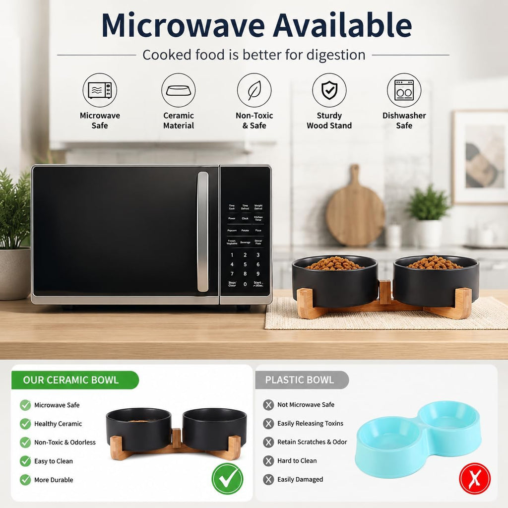 Ceramic Dog Cat Bowls Set with Stand,Black Pet Food and Water Bowl,Small Dog Bowls Cute Modern anti Slip Set of 2 Pet Feeder Small Size Pet Dish(13.5Oz/5.1 In)