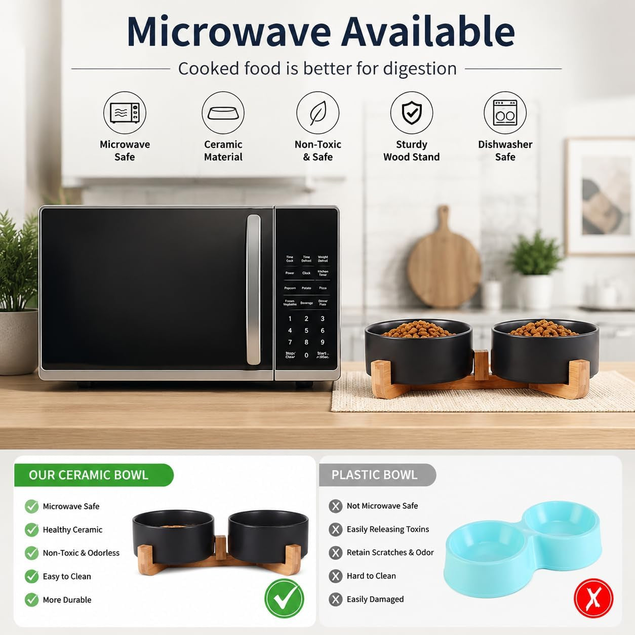 Ceramic Dog Cat Bowls Set with Stand,Black Pet Food and Water Bowl,Small Dog Bowls Cute Modern anti Slip Set of 2 Pet Feeder Small Size Pet Dish(13.5Oz/5.1 In)