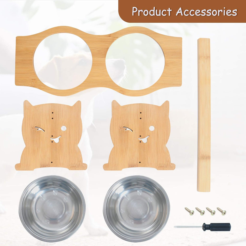 Elevated Dog Bowls, Adjustable Raised Pet Bowls for Dog Cat Food and Water, Bamboo Pet Dish Stand with 2 Stainless Steel Bowls, Medium