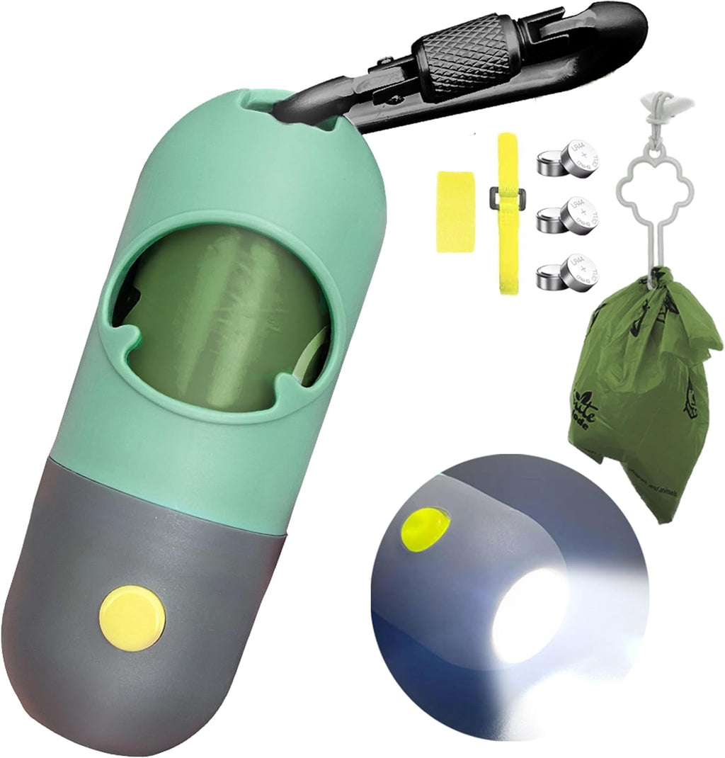 Dog Poop Bag Dispenser with Built-In LED Flashlight and Metal Clip for Leash, Pet Waste Bag Holder, Dog Walking Accessory, Mint Green
