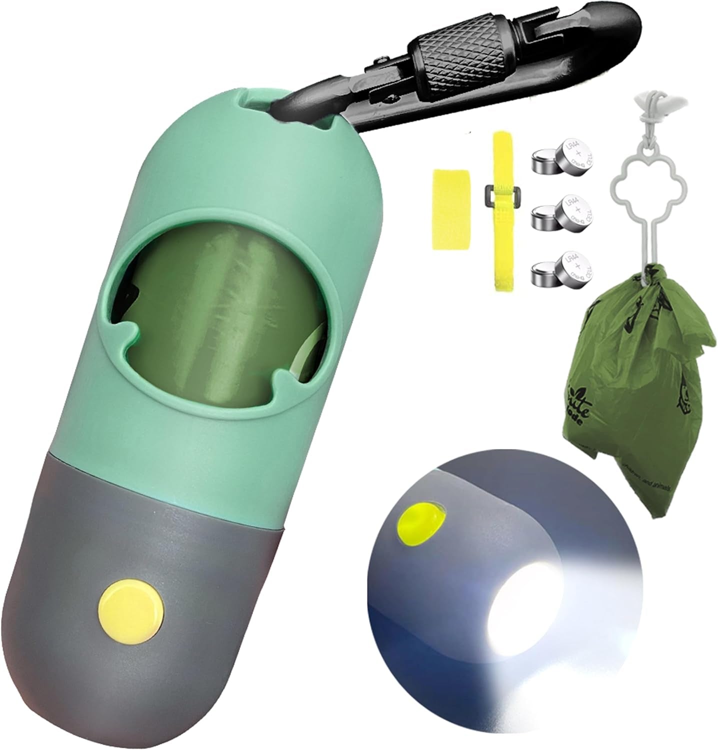 Dog Poop Bag Dispenser with Built-In LED Flashlight and Metal Clip for Leash, Pet Waste Bag Holder, Dog Walking Accessory, Mint Green