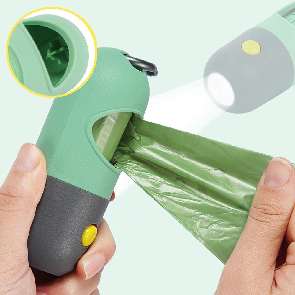 Dog Poop Bag Dispenser with Built-In LED Flashlight and Metal Clip for Leash, Pet Waste Bag Holder, Dog Walking Accessory, Mint Green
