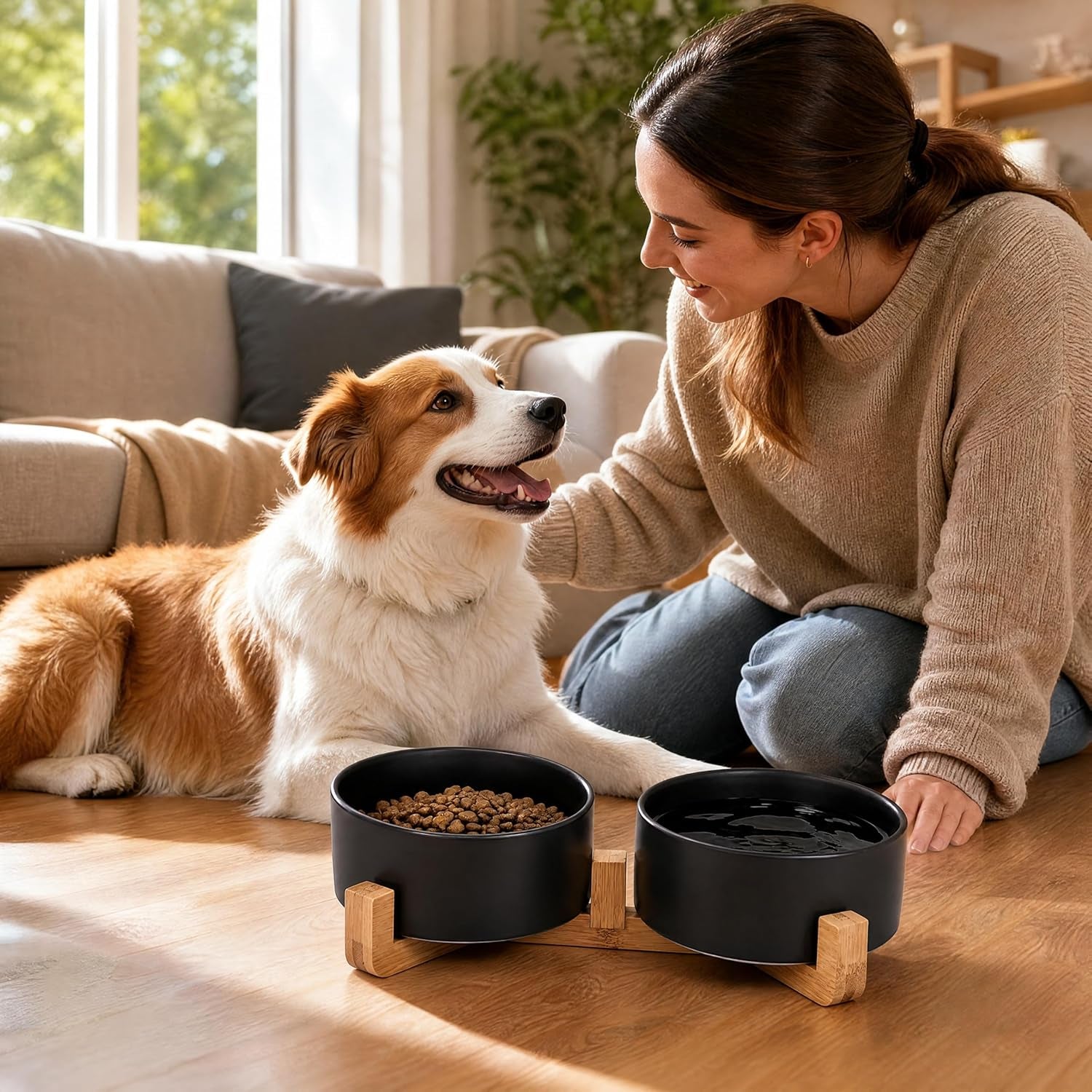 Ceramic Dog Cat Bowls Set with Stand,Black Pet Food and Water Bowl,Small Dog Bowls Cute Modern anti Slip Set of 2 Pet Feeder Small Size Pet Dish(13.5Oz/5.1 In)