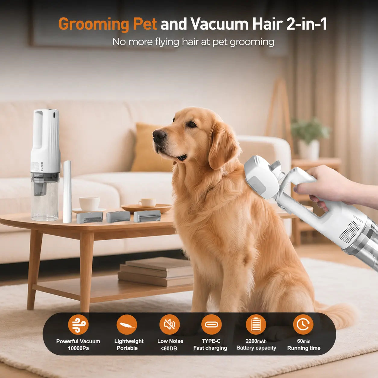 Cordless Pet Grooming Vacuum Set, 60Db Quiet Hair Removal,With 5 Pet Grooming and Cleaning Tools One-Touch Pet Hairremoval Vacuum Brush, Zero Airborne Hair Technology, Verysuitable for Anxious and Sensitive Pets.