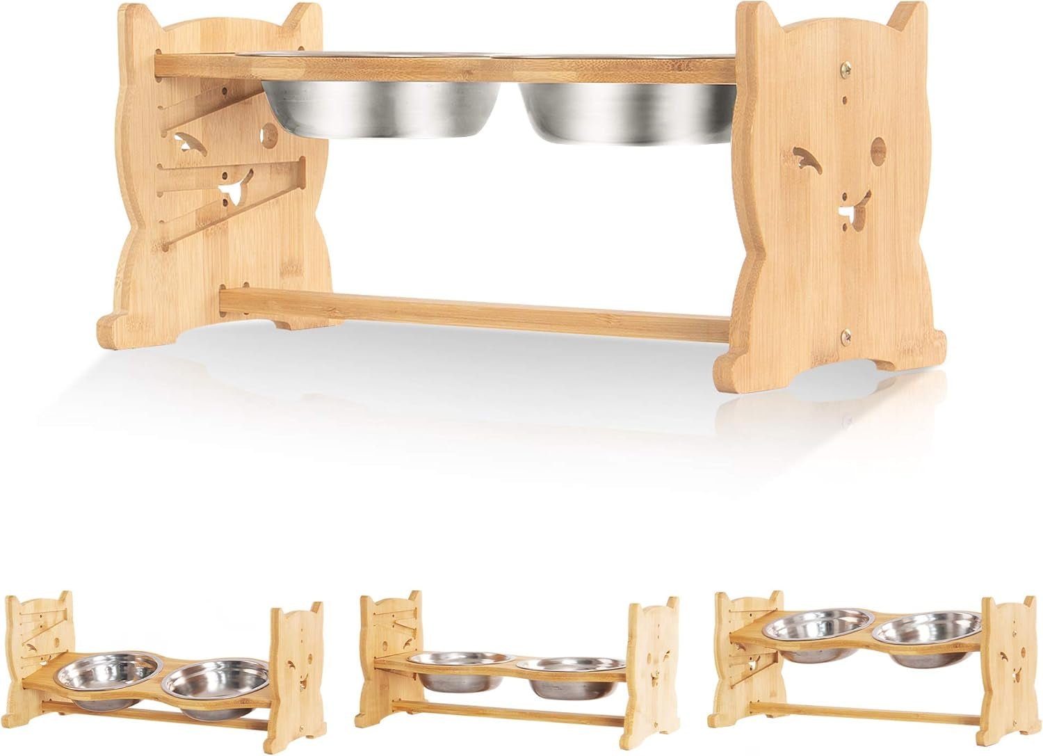 Elevated Dog Bowls, Adjustable Raised Pet Bowls for Dog Cat Food and Water, Bamboo Pet Dish Stand with 2 Stainless Steel Bowls, Medium