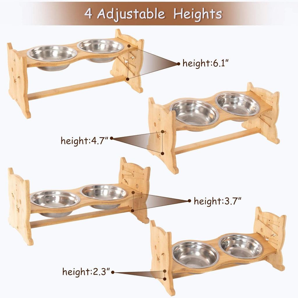 Elevated Dog Bowls, Adjustable Raised Pet Bowls for Dog Cat Food and Water, Bamboo Pet Dish Stand with 2 Stainless Steel Bowls, Medium