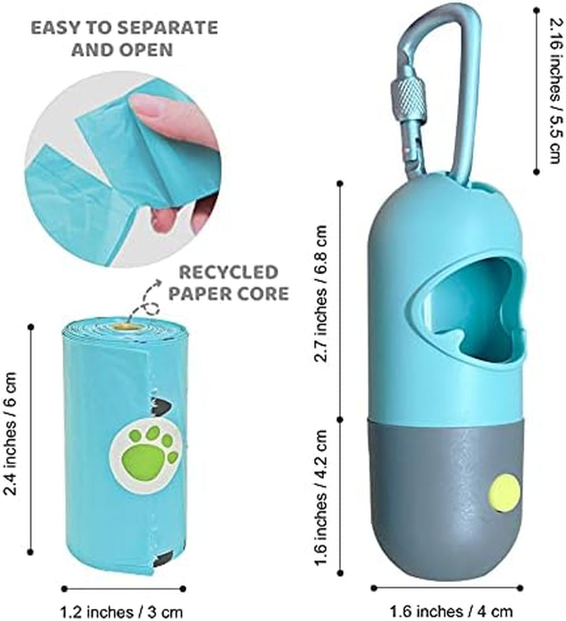 Dog Poop Bag Dispenser with Built-In LED Flashlight and Metal Clip for Leash, Pet Waste Bag Holder, Dog Walking Accessory, Crystal Blue