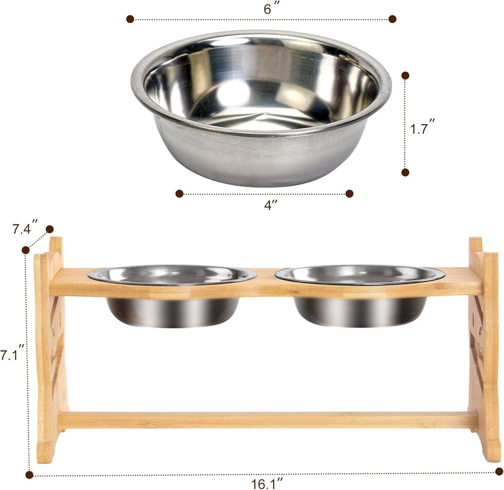 Elevated Dog Bowls, Adjustable Raised Pet Bowls for Dog Cat Food and Water, Bamboo Pet Dish Stand with 2 Stainless Steel Bowls, Medium