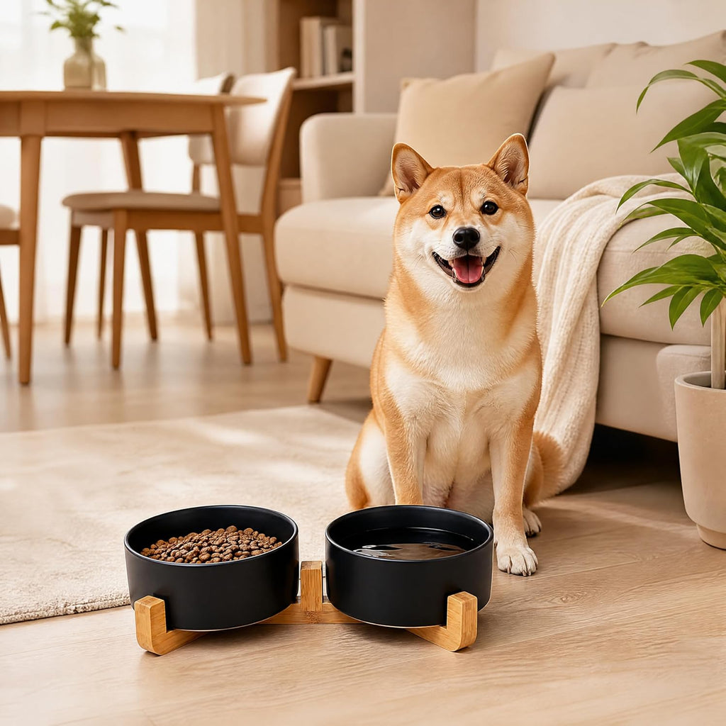 Ceramic Dog Cat Bowls Set with Stand,Black Pet Food and Water Bowl,Small Dog Bowls Cute Modern anti Slip Set of 2 Pet Feeder Small Size Pet Dish(13.5Oz/5.1 In)