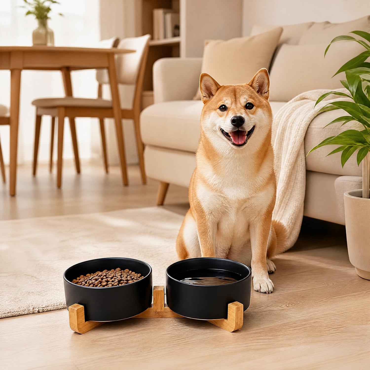 Ceramic Dog Cat Bowls Set with Stand,Black Pet Food and Water Bowl,Small Dog Bowls Cute Modern anti Slip Set of 2 Pet Feeder Small Size Pet Dish(13.5Oz/5.1 In)
