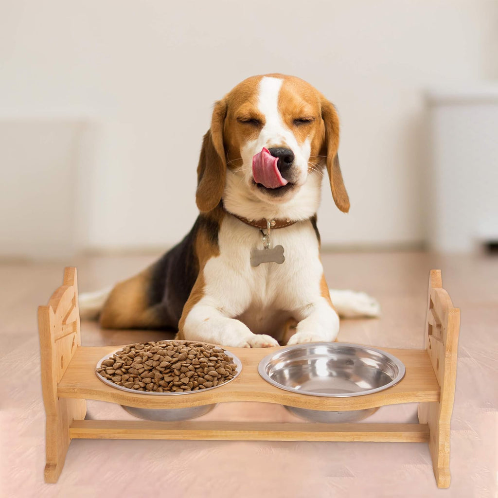 Elevated Dog Bowls, Adjustable Raised Pet Bowls for Dog Cat Food and Water, Bamboo Pet Dish Stand with 2 Stainless Steel Bowls, Medium
