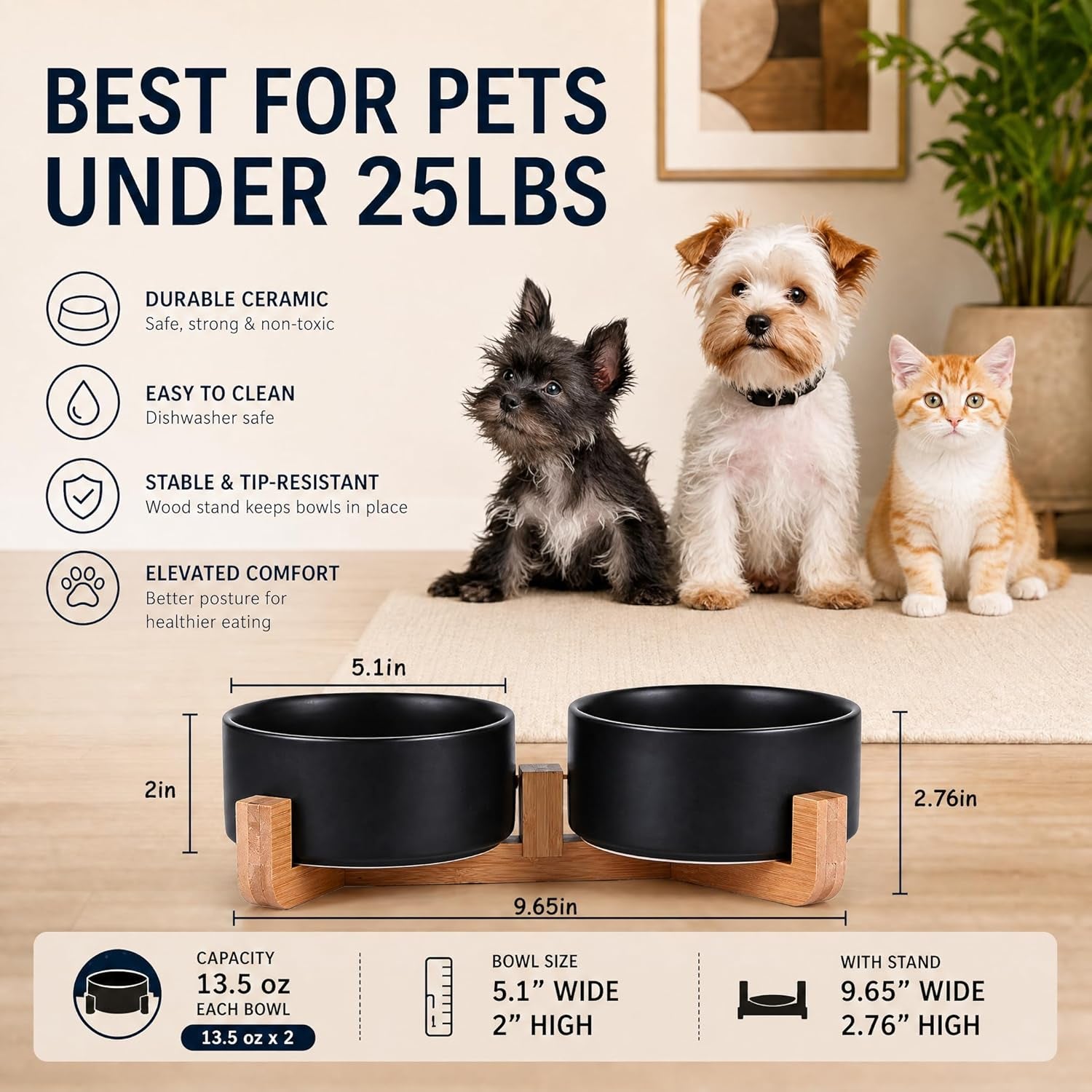 Ceramic Dog Cat Bowls Set with Stand,Black Pet Food and Water Bowl,Small Dog Bowls Cute Modern anti Slip Set of 2 Pet Feeder Small Size Pet Dish(13.5Oz/5.1 In)