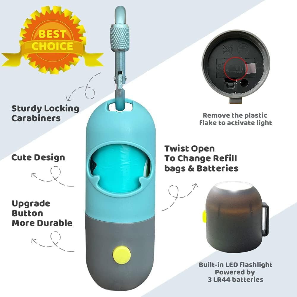 Dog Poop Bag Dispenser with Built-In LED Flashlight and Metal Clip for Leash, Pet Waste Bag Holder, Dog Walking Accessory, Crystal Blue