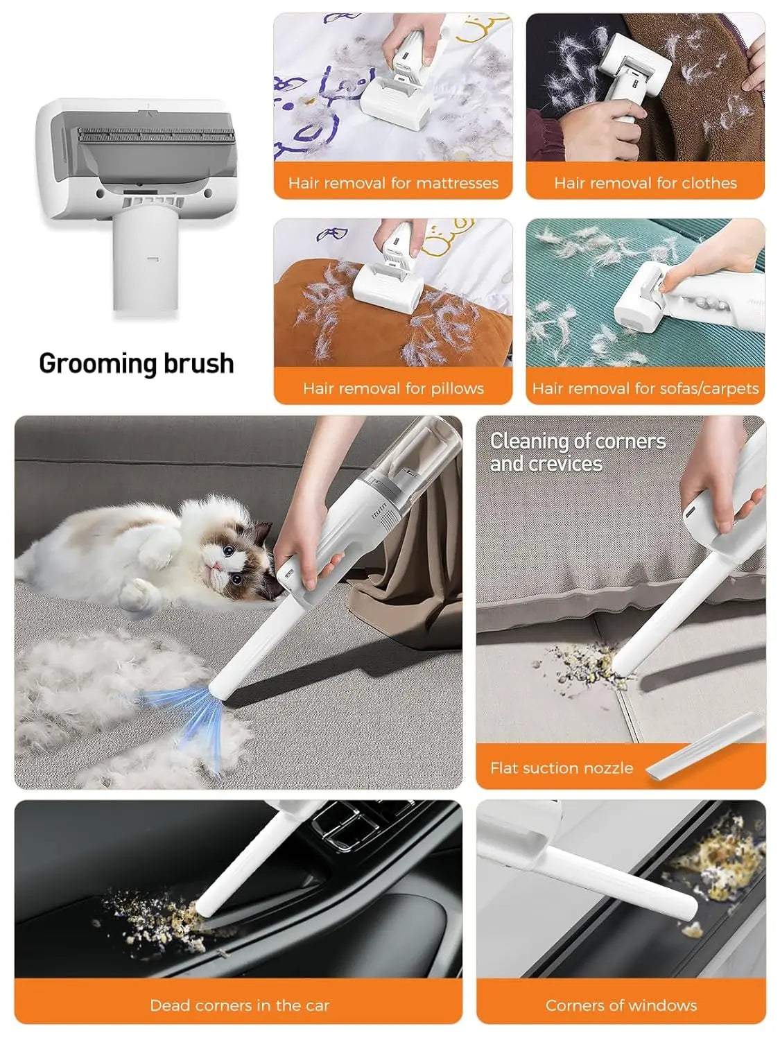 Cordless Pet Grooming Vacuum Set, 60Db Quiet Hair Removal,With 5 Pet Grooming and Cleaning Tools One-Touch Pet Hairremoval Vacuum Brush, Zero Airborne Hair Technology, Verysuitable for Anxious and Sensitive Pets.